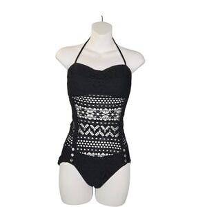Robin Piccone Black Crochet Lace Halter One Piece Swimsuit 120311 Size 4